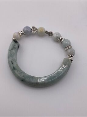 Authentic Natural Jadeite Half-Bangle Beaded Stretch Bracelet